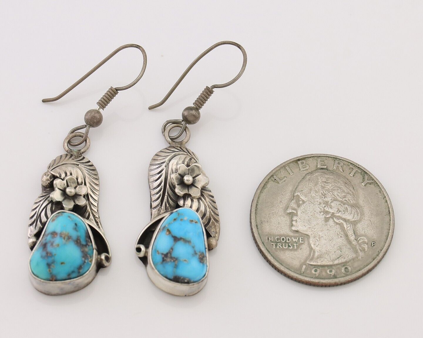 Navajo Handmade Earrings 925 Silver Natural Turquoise Native Artist C.80's