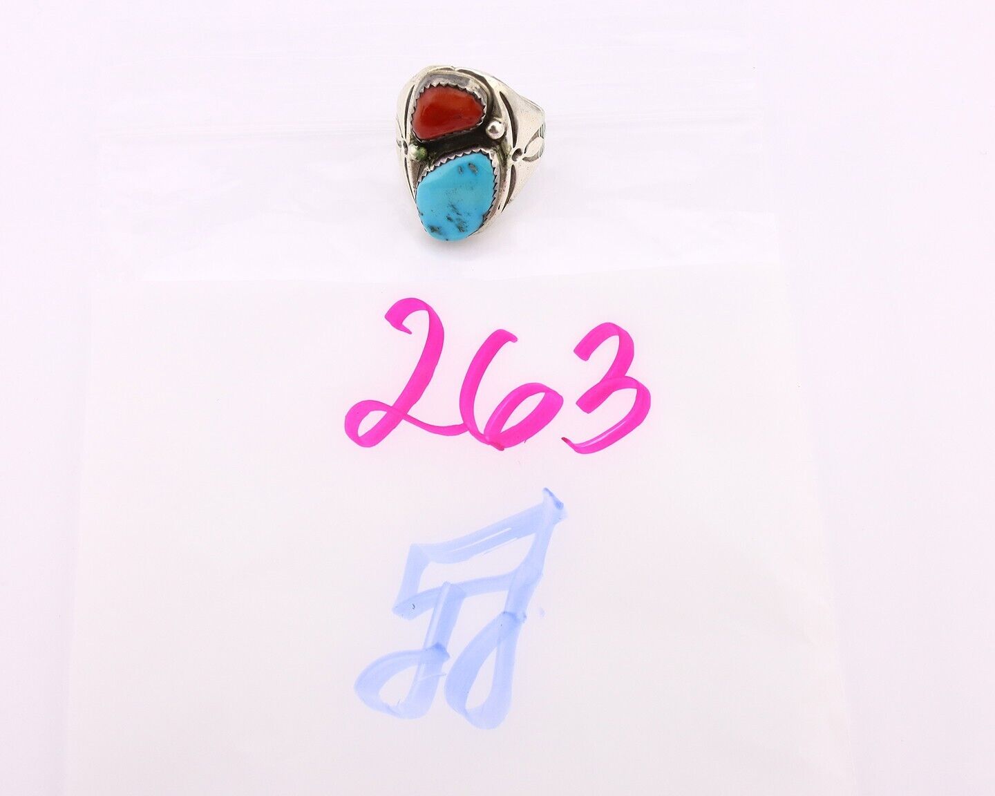 Navajo Ring 925 Silver Sleeping Beauty Turquoise & Coral Native Artist C.80s