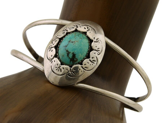 Navajo Hand Stamped Cuff Bracelet Turquoise 925 Silver Native American Artist