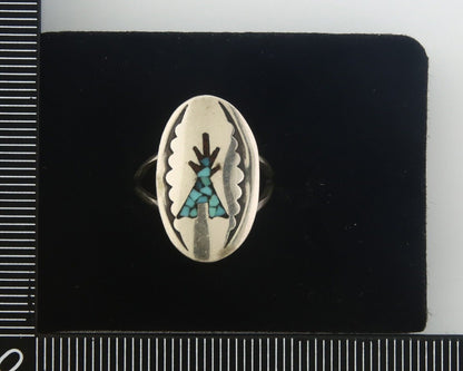 Navajo Ring 925 Sterling Natural Chip Inlay Coral & Turquoise C.80's Size 5.0