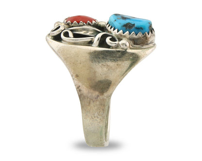 Navajo Ring 925 Sterling Turquoise & Coral Native Artist C.80's Size 8.5