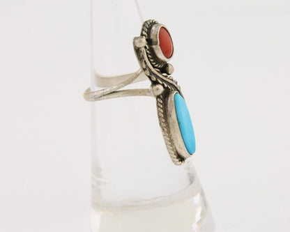 Navajo Handmade Ring 925 Silver Coral & Turquoise Native Artist C.80's