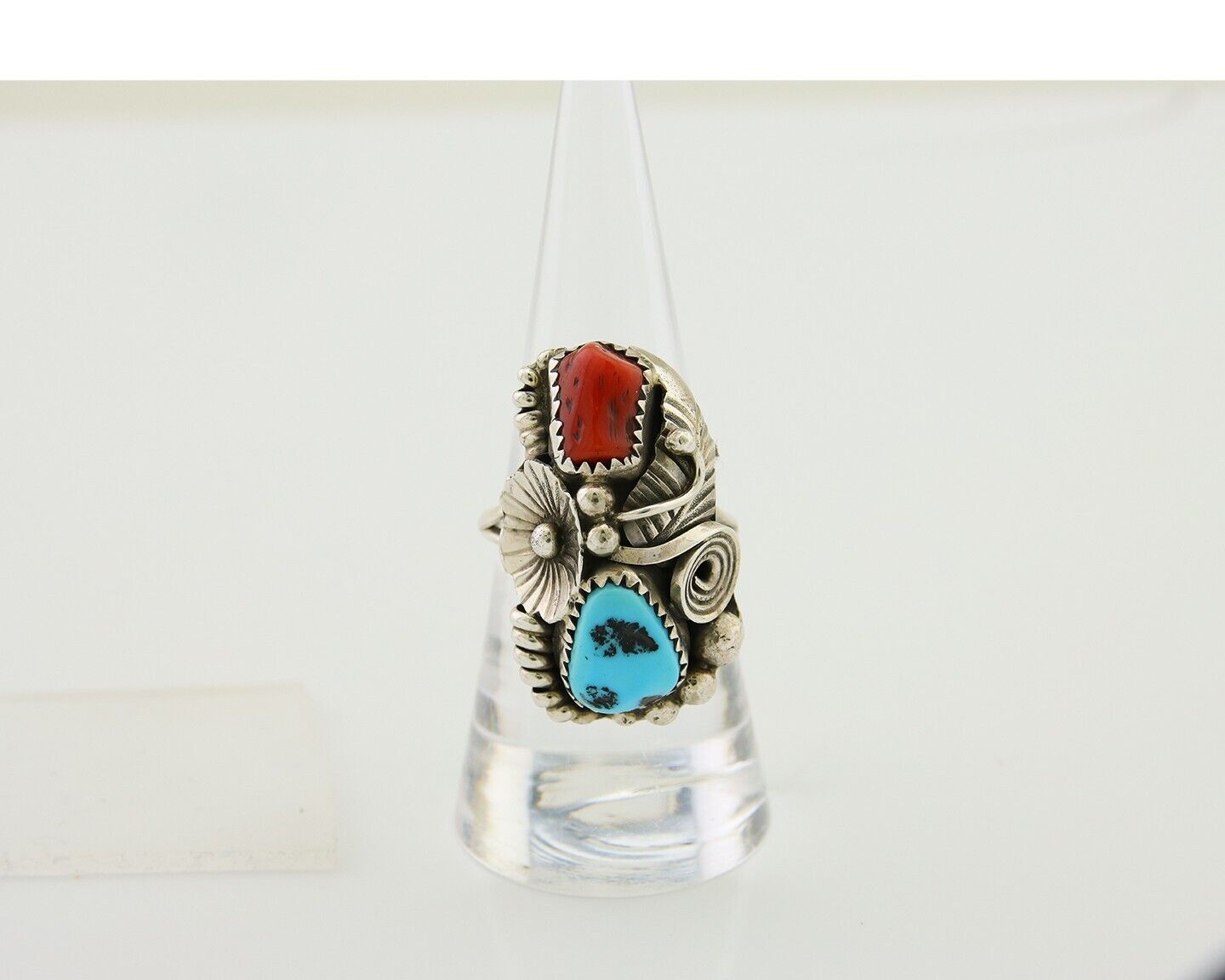 Navajo Handmade Ring 925 Silver Coral & Turquoise Signed Circle Max C.80's