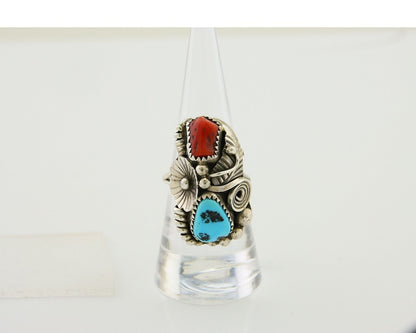 Navajo Handmade Ring 925 Silver Coral & Turquoise Signed Circle Max C.80's