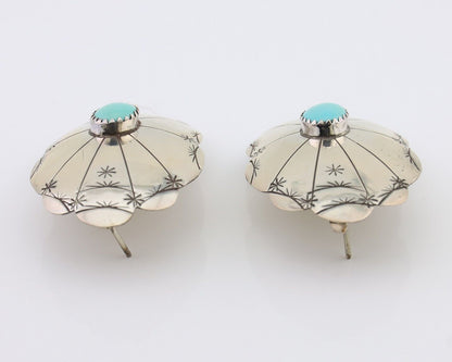 Navajo Hand Stamped Shield Earrings 925 Silver Turquoise Native Artist C.80's