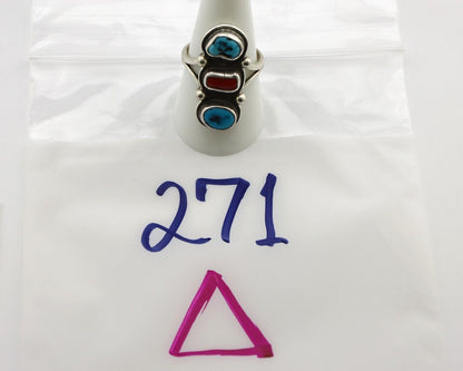 Navajo Ring 925 Silver Sleeping B Turquoise & Coral Native American Artist C.80s