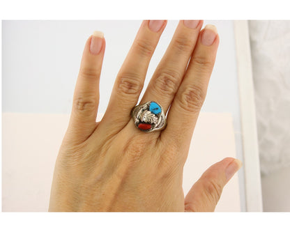 Navajo Ring 925 Sterling Turquoise & Coral Native Artist C.80's Size 10