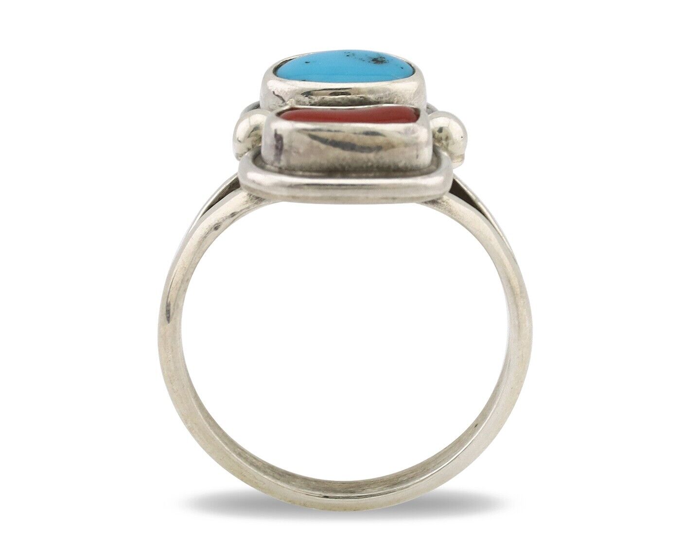 Navajo Ring 925 Silver SB Turquoise & Red Coral Native American Artist C.80s