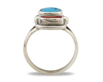Navajo Ring 925 Silver SB Turquoise & Red Coral Native American Artist C.80s