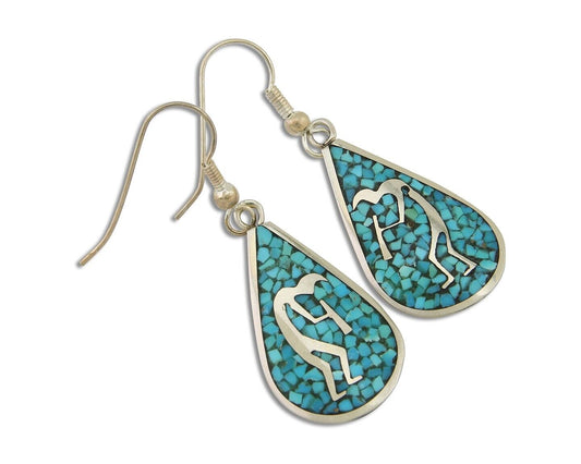 Navajo Kokopelli Earrings 999 Nickel Chip Inlay Turquoise Coral Native American