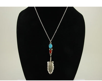 Navajo Feather Necklace 925 Silver Coral & Turquoise Signed M Montoya C.80's