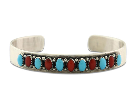 Vintage Navajo Bracelet 925 Silver Red Coral Turquoise Signed J Begay