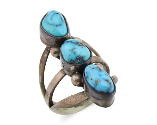 Navajo 3 Stone Ring 925 Silver Morenci Turquoise Native American Artist C.80's