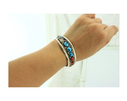 Navajo Cuff Bracelet 925 Sterling Silver Turquoise & Coral Signed Lee Charlie Jr