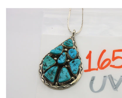 Navajo Necklace 925 Silver Natural Turquoise Artist Signed JW Tom C.80's