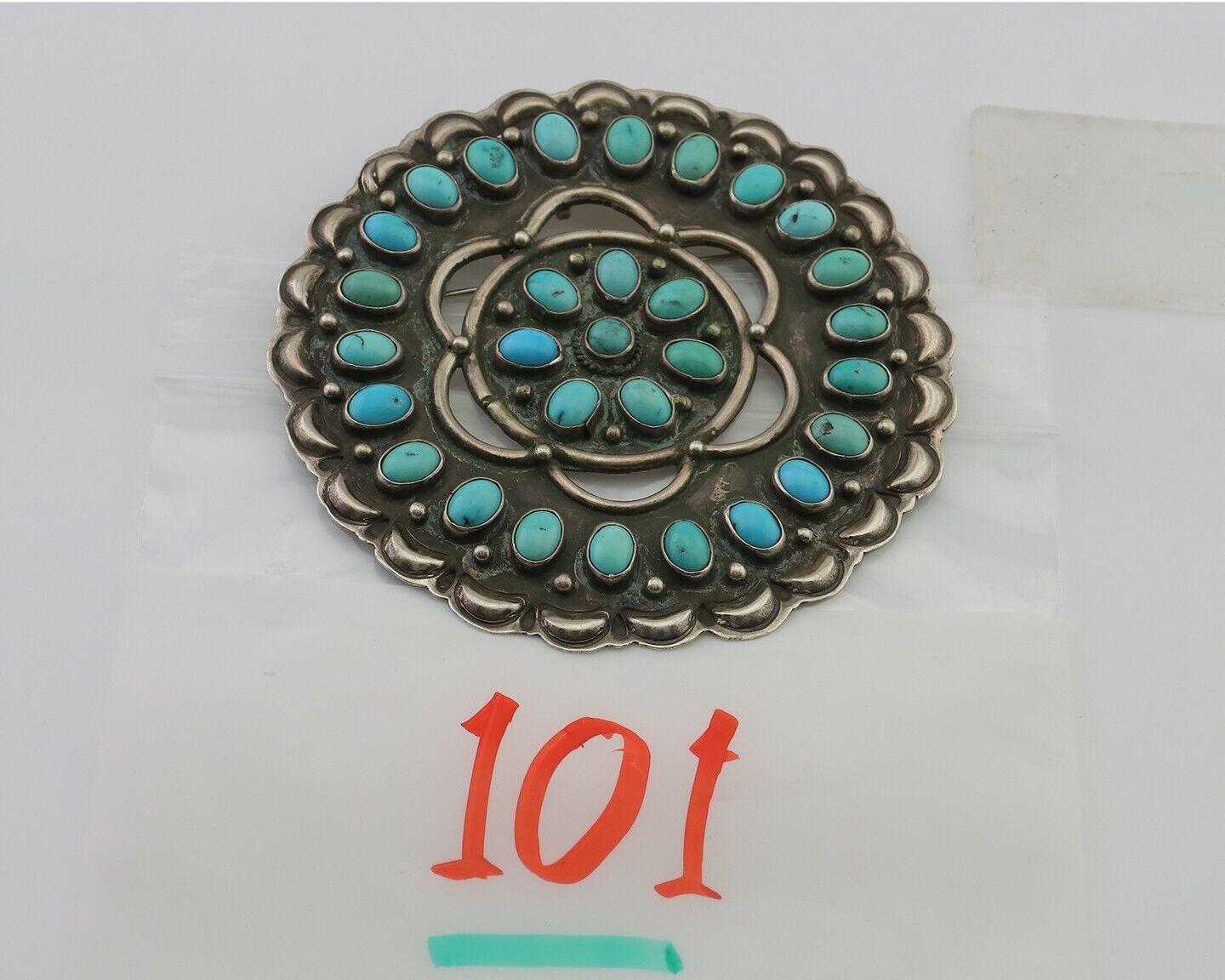 Navajo Pin Pendant 925 Silver Blue Turquoise Native American Artist C.80's