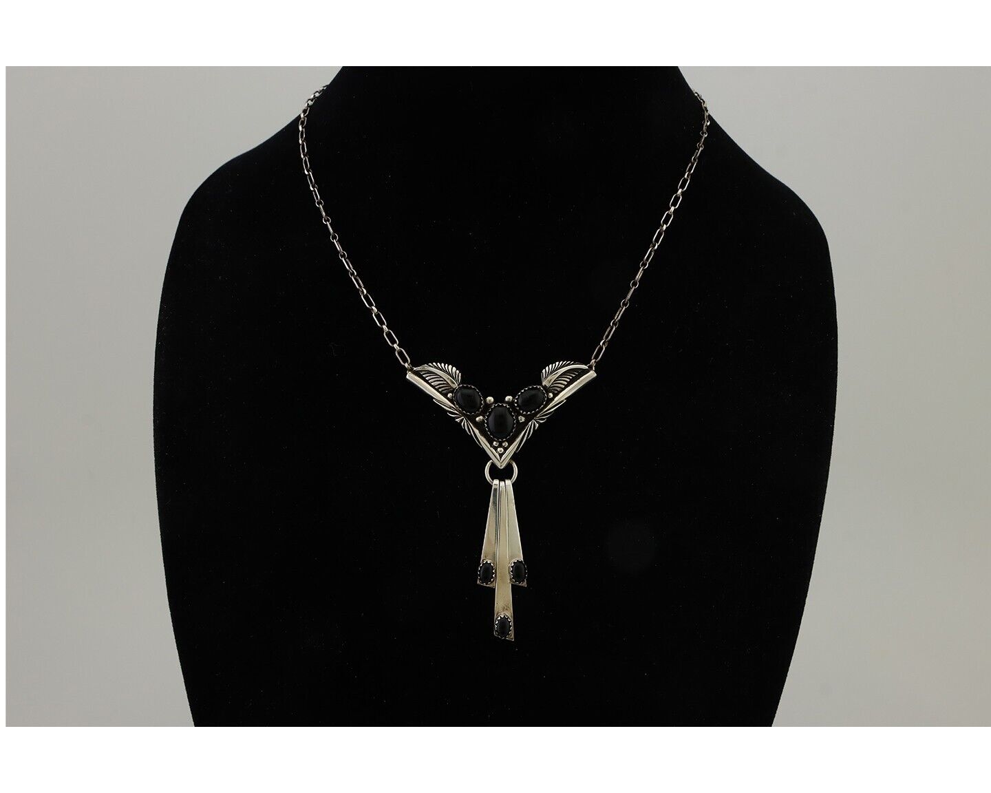 Navajo Necklace 925 Silver Black Onyx Signed Nila Johnson C.80's