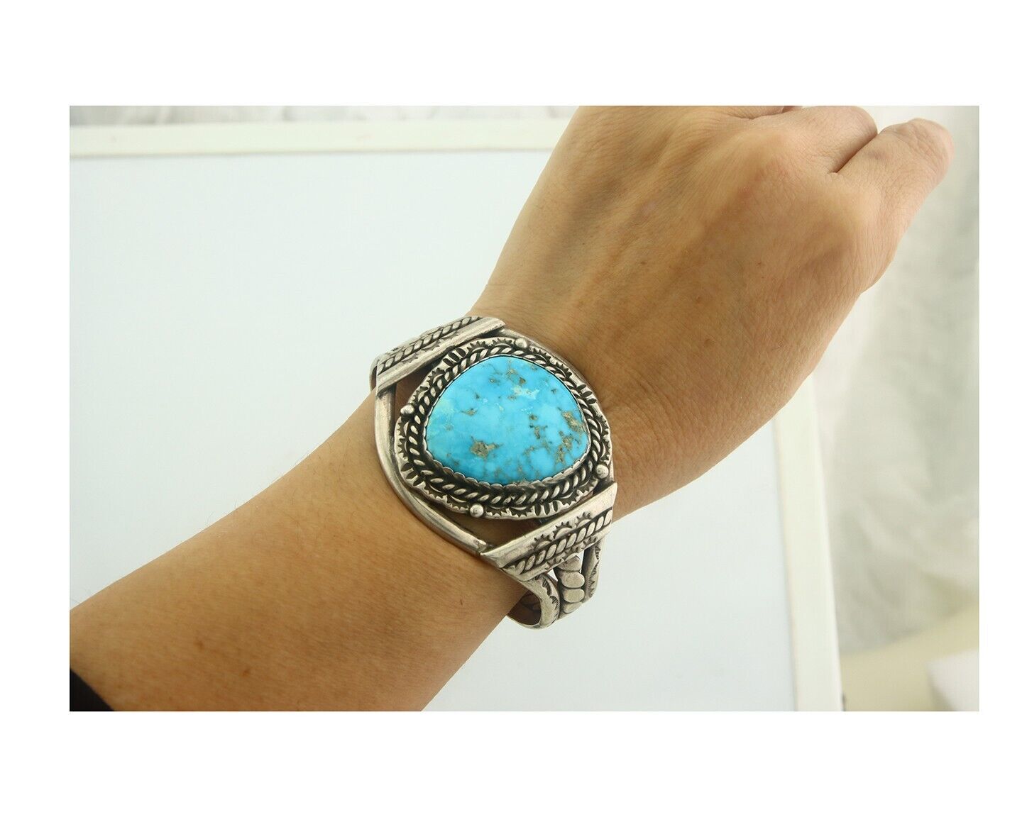 Navajo Bracelet 925 Silver Turquoise Cuff Artist Signed JTL C.80's