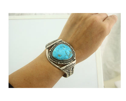 Navajo Bracelet 925 Silver Turquoise Cuff Artist Signed JTL C.80's