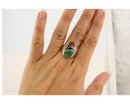 Navajo Ring 925 Sterling Turquoise & Coral Native Artist C.80's Size 7.75