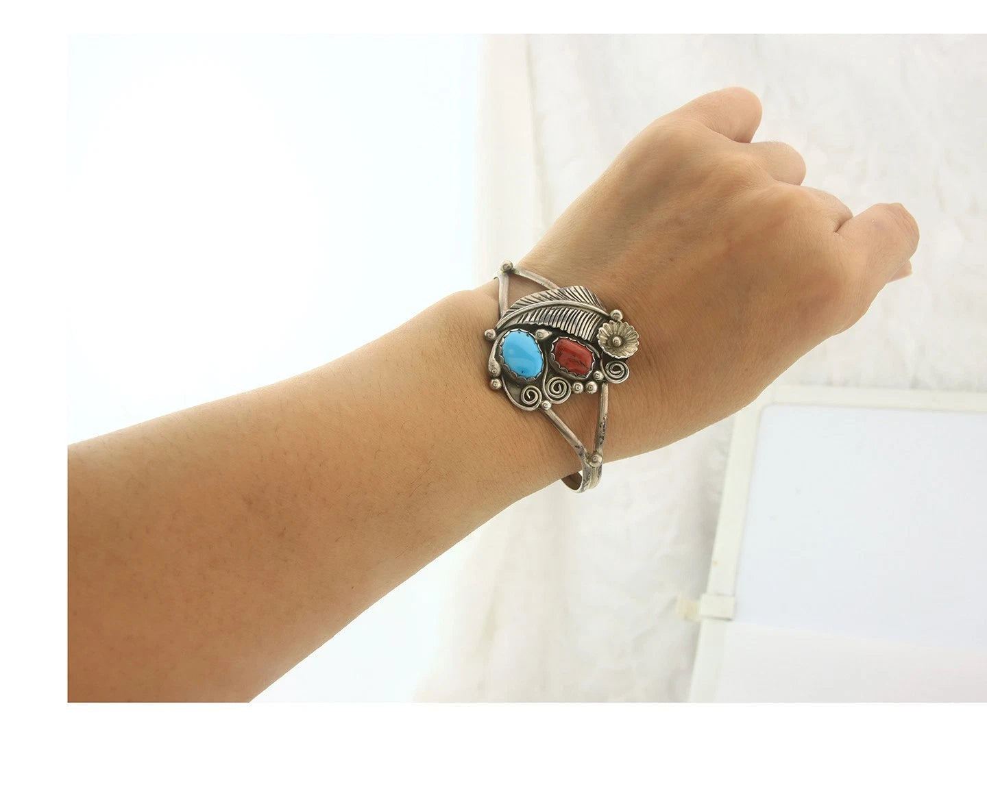 Navajo Cuff Bracelet Sterling Silver Natural Gemstone Vintage Native American