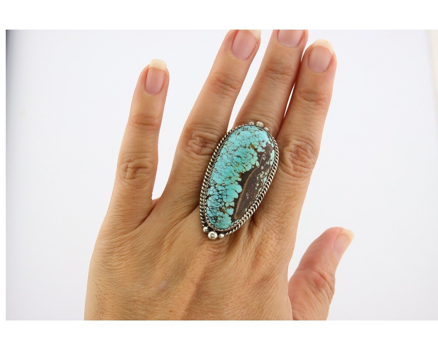 Navajo Ring 925 Sterling Spiderweb Blue Turquoise Native Artist C.80's Size 7.5