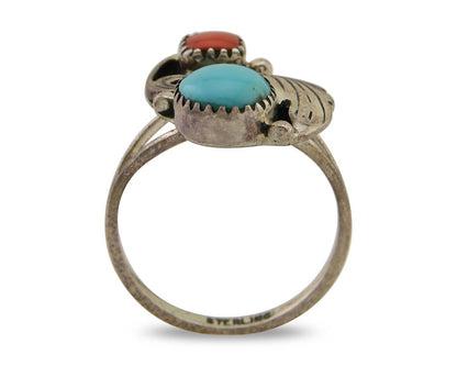 Navajo Ring 925 Silver Turquoise & Coral Artist Signed WR C.80's