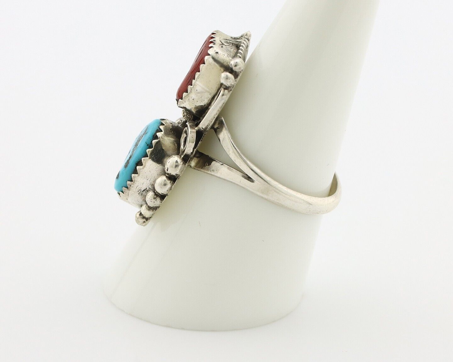 Navajo Ring .925 Silver Turquoise & Coral Artist Signed Justin Morris C.80's