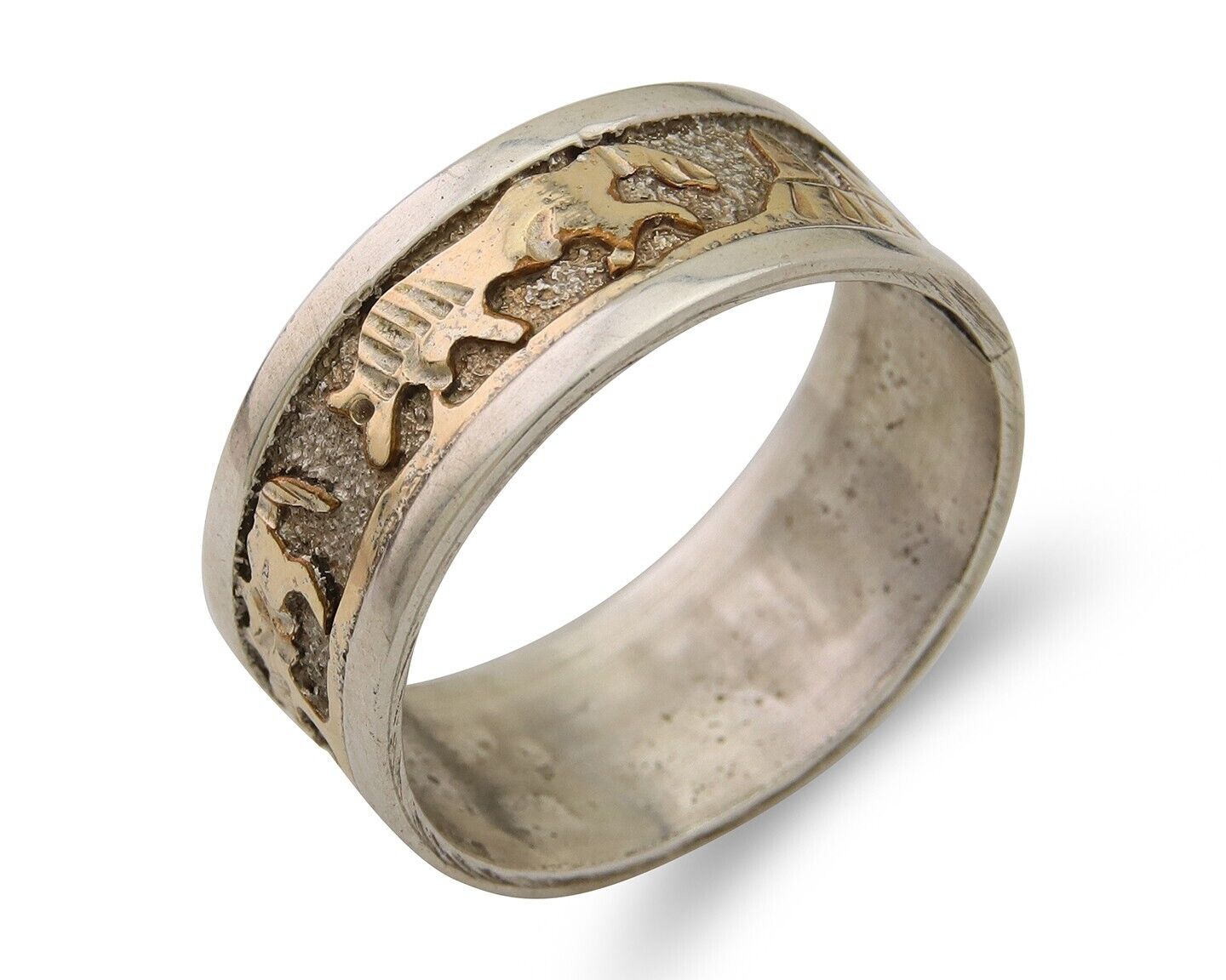 Men Navajo Handmade Ring 925 Silver & Gold Signed Tom & Sylvia Kee C.80's