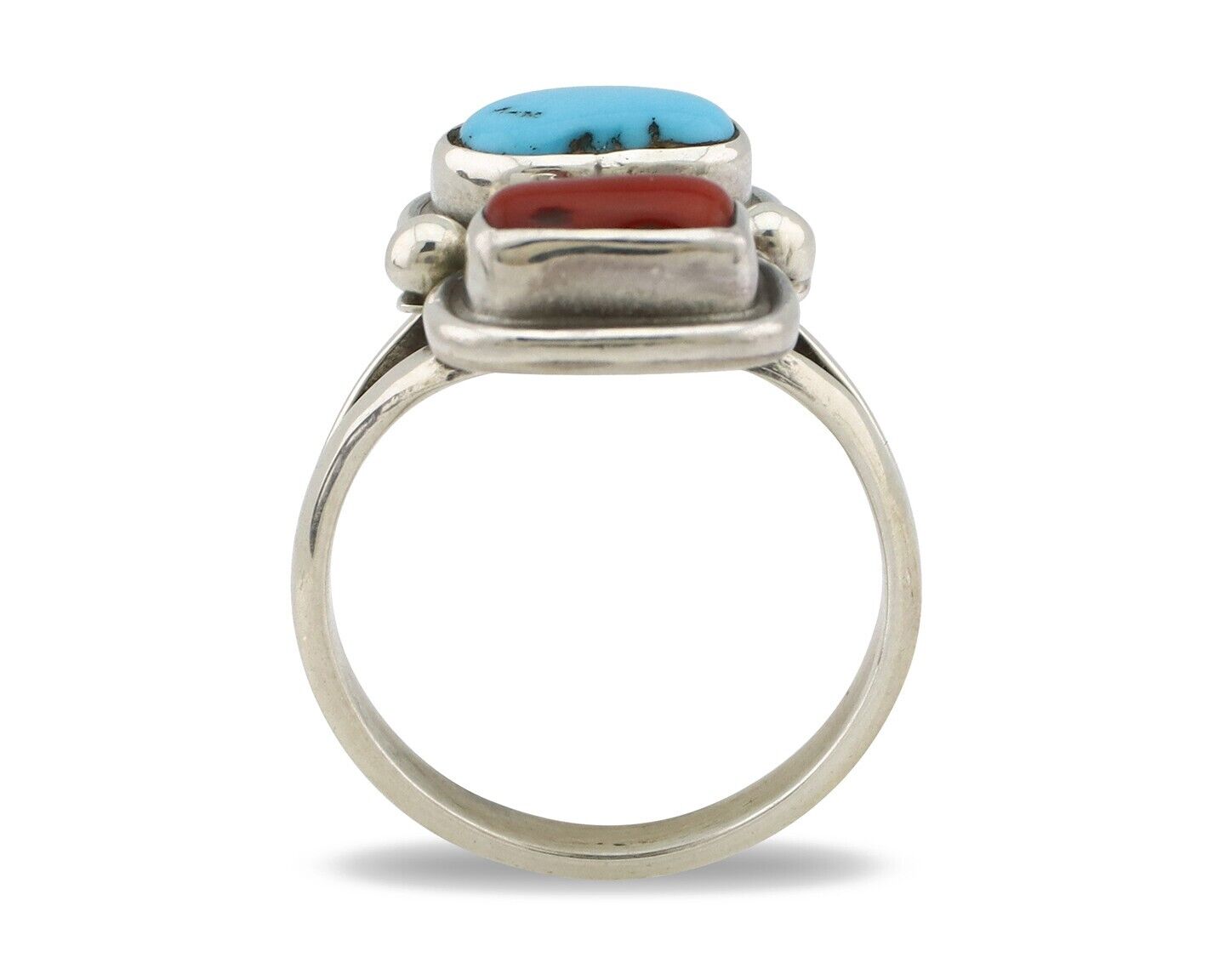 Navajo Ring 925 Silver SB Turquoise & Red Coral Native American Artist C.80s