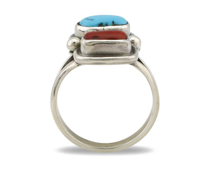 Navajo Ring 925 Silver SB Turquoise & Red Coral Native American Artist C.80s