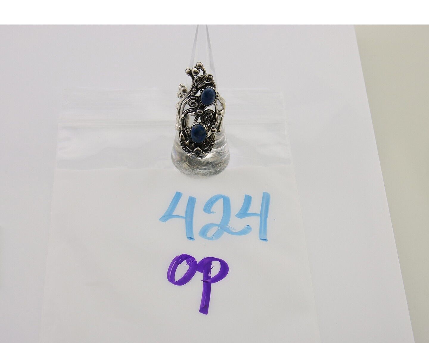 Navajo Ring 925 Silver Natural Denim Lapis Artist Signed Prairie Fire C.80's