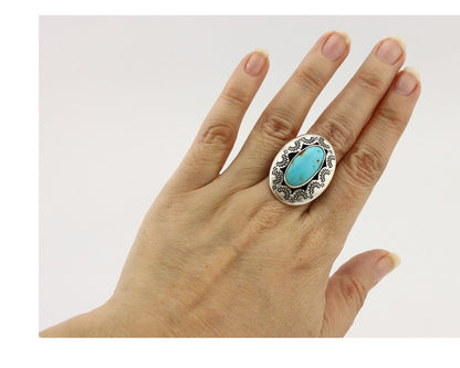 Navajo Ring 925 Silver Natural Blue Turquoise Signed M Montoya C.80's