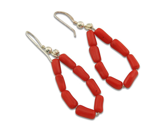 Navajo Earrings Sterling Silver Natural Red Coral Vintage Handmade Dangle