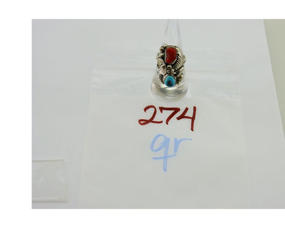 Navajo Handmade Ring 925 Silver Coral & Turquoise Signed Circle Max C.80's
