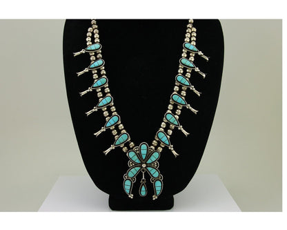 Zuni Squash Necklace 925 Silver Earring Set Turquiose Handmade Signed SM C.80's