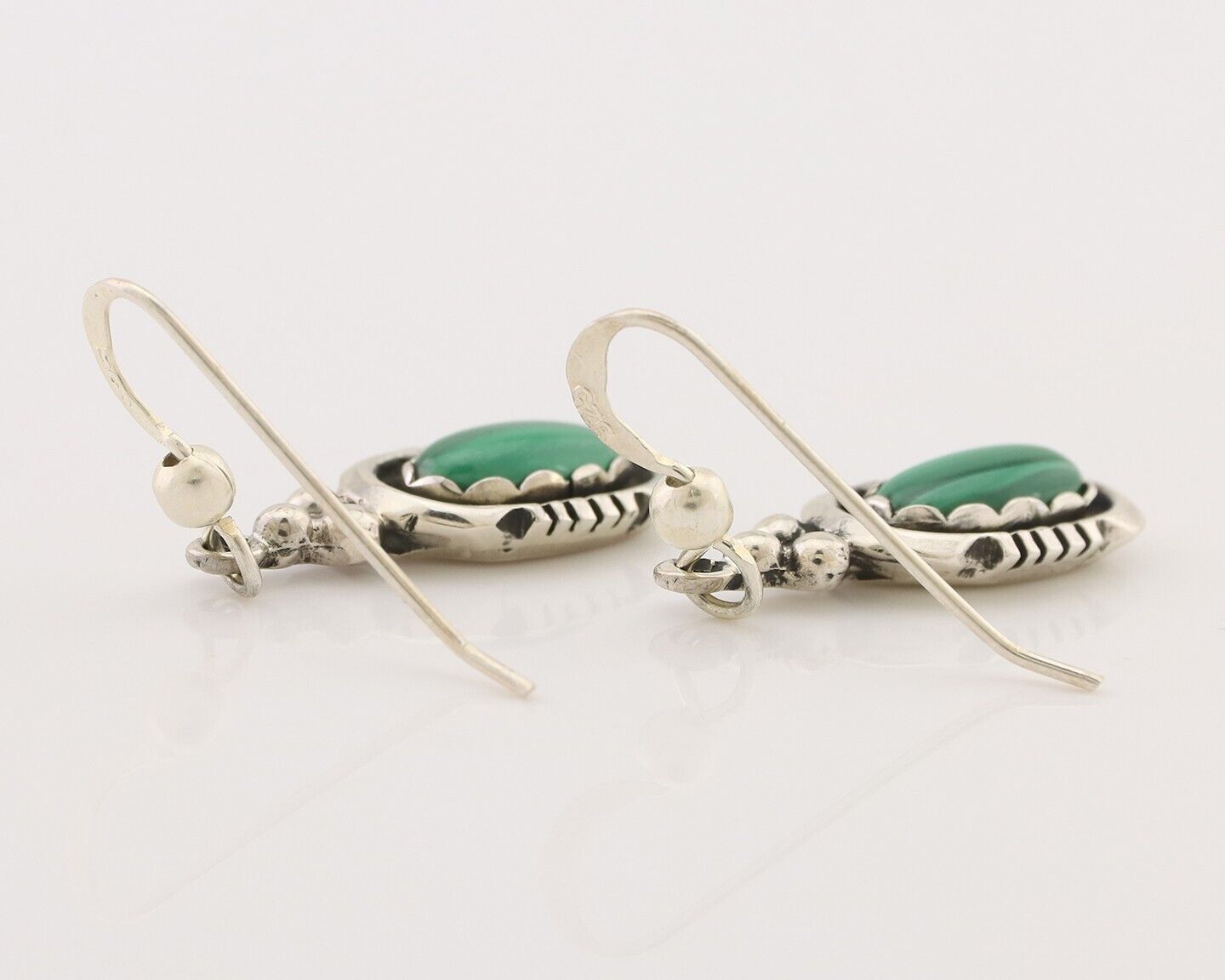 Navajo Dangle Earrings 925 Silver Natural Malachite Native American Artist C.80s