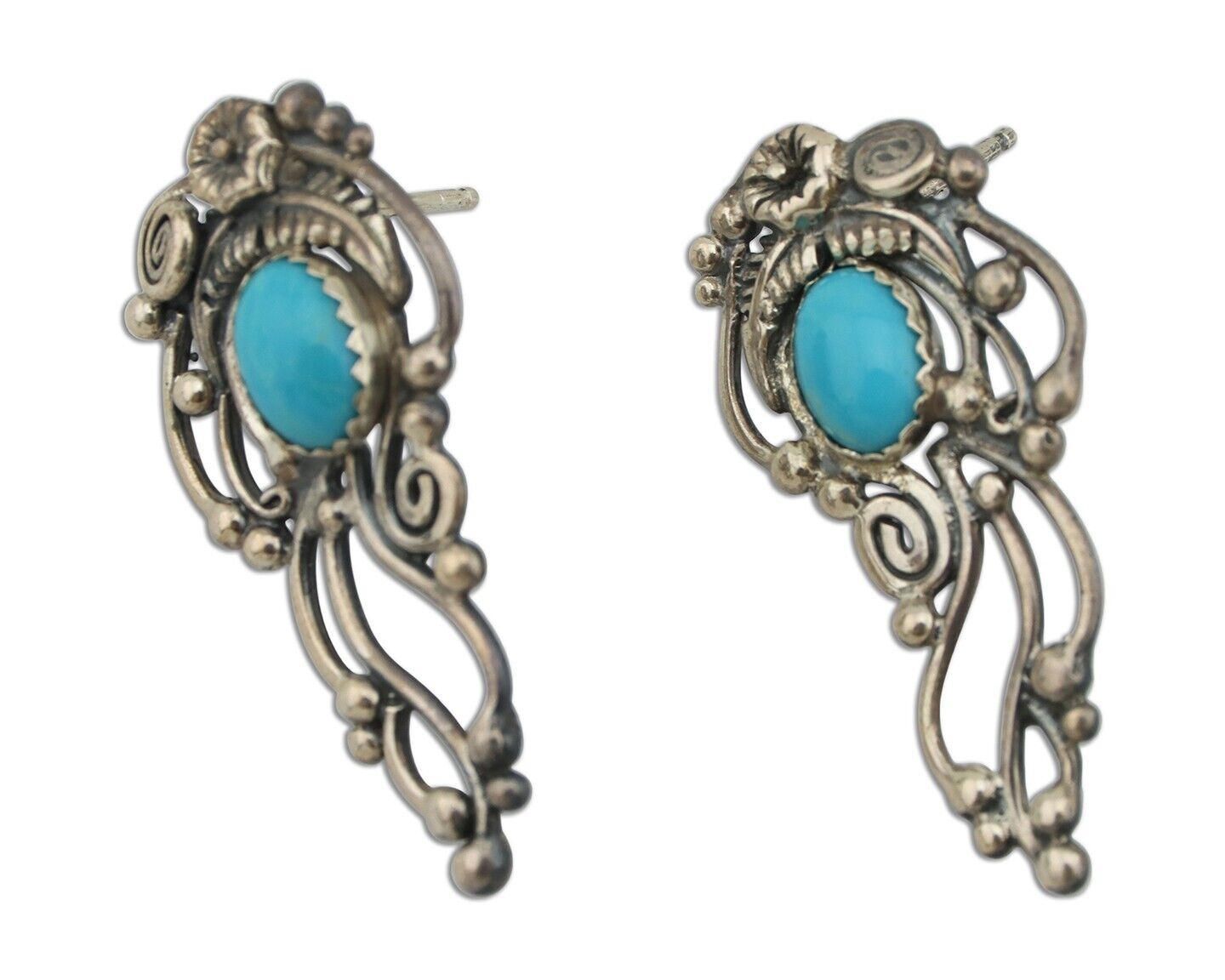 Navajo Earrings 925 Silver Natural Blue Turquoise Native American Artist C.80s