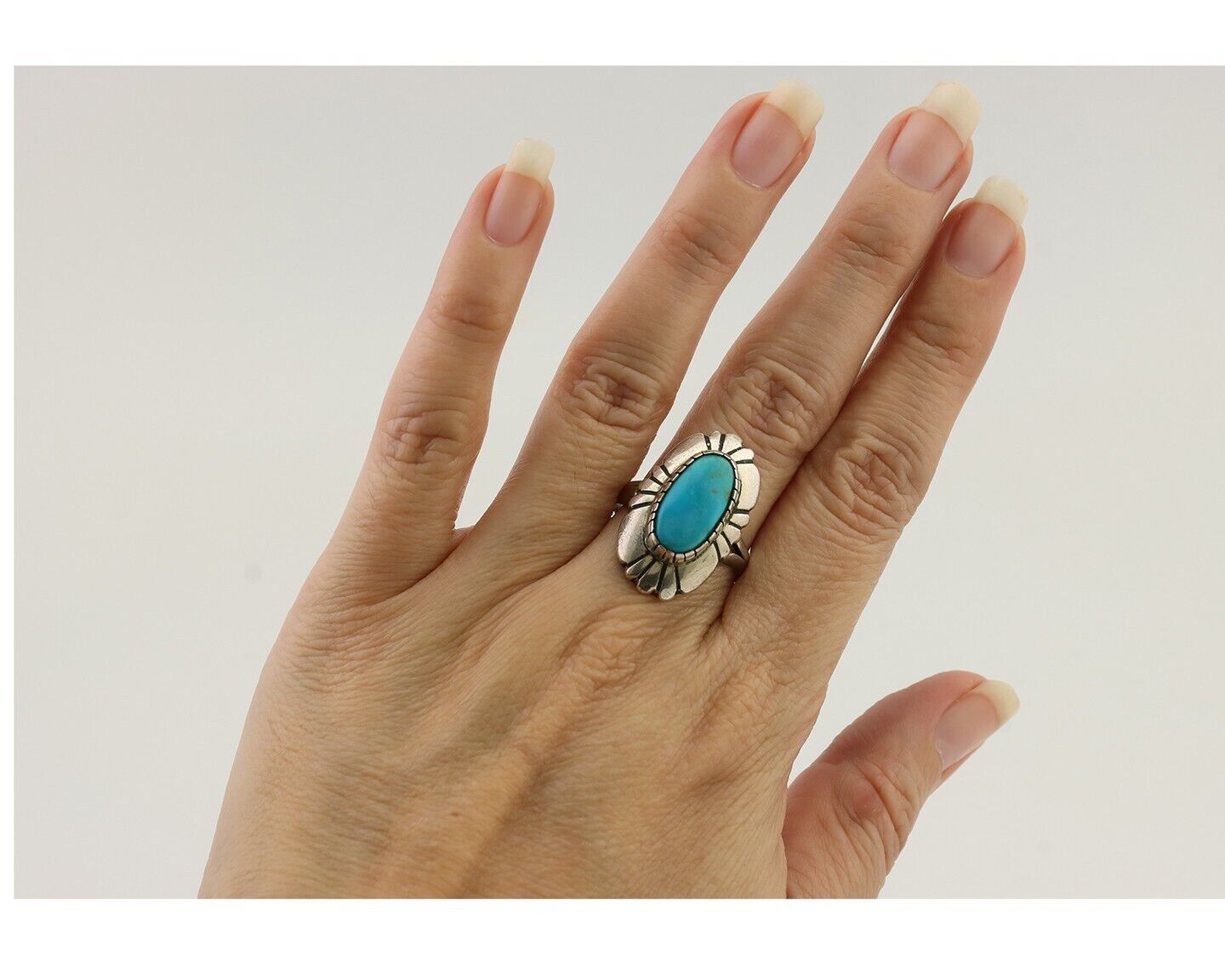 Navajo Ring 925 Silver Kingman Turquoise Signed M Montoya Size 8.25 C.80's