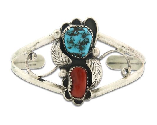 Vintage Navajo Bracelet 925 Silver Red Coral Turquoise Authentic