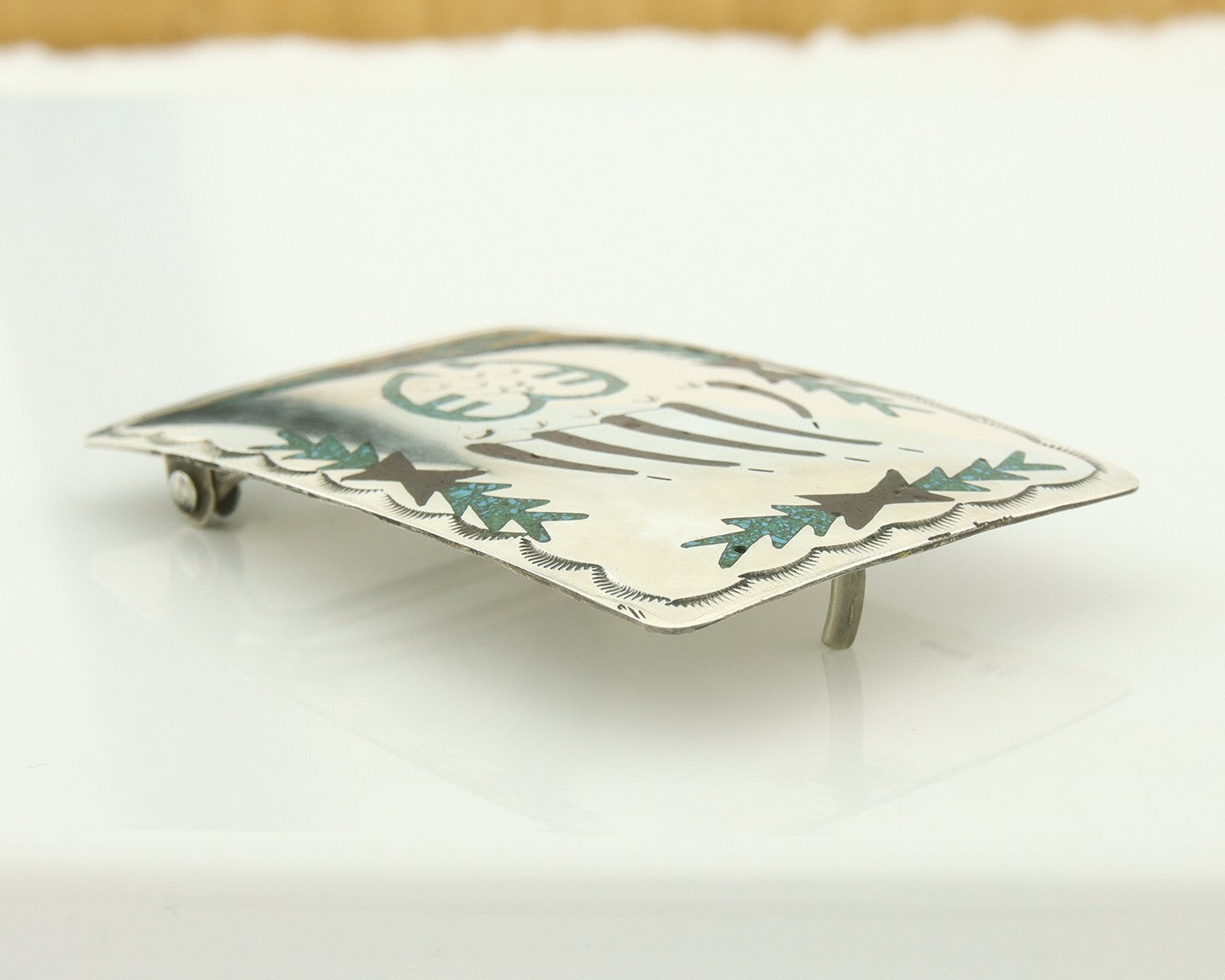 Vintage Navajo Belt Buckle 925 Silver Handmade Inlaid Gemstone Signed HB