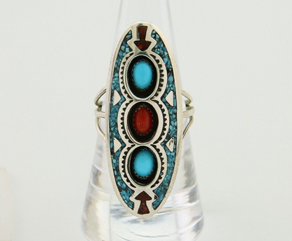 Navajo Handmade Ring 925 Silver Coral & Turquoise Signed Circle JW C.80's