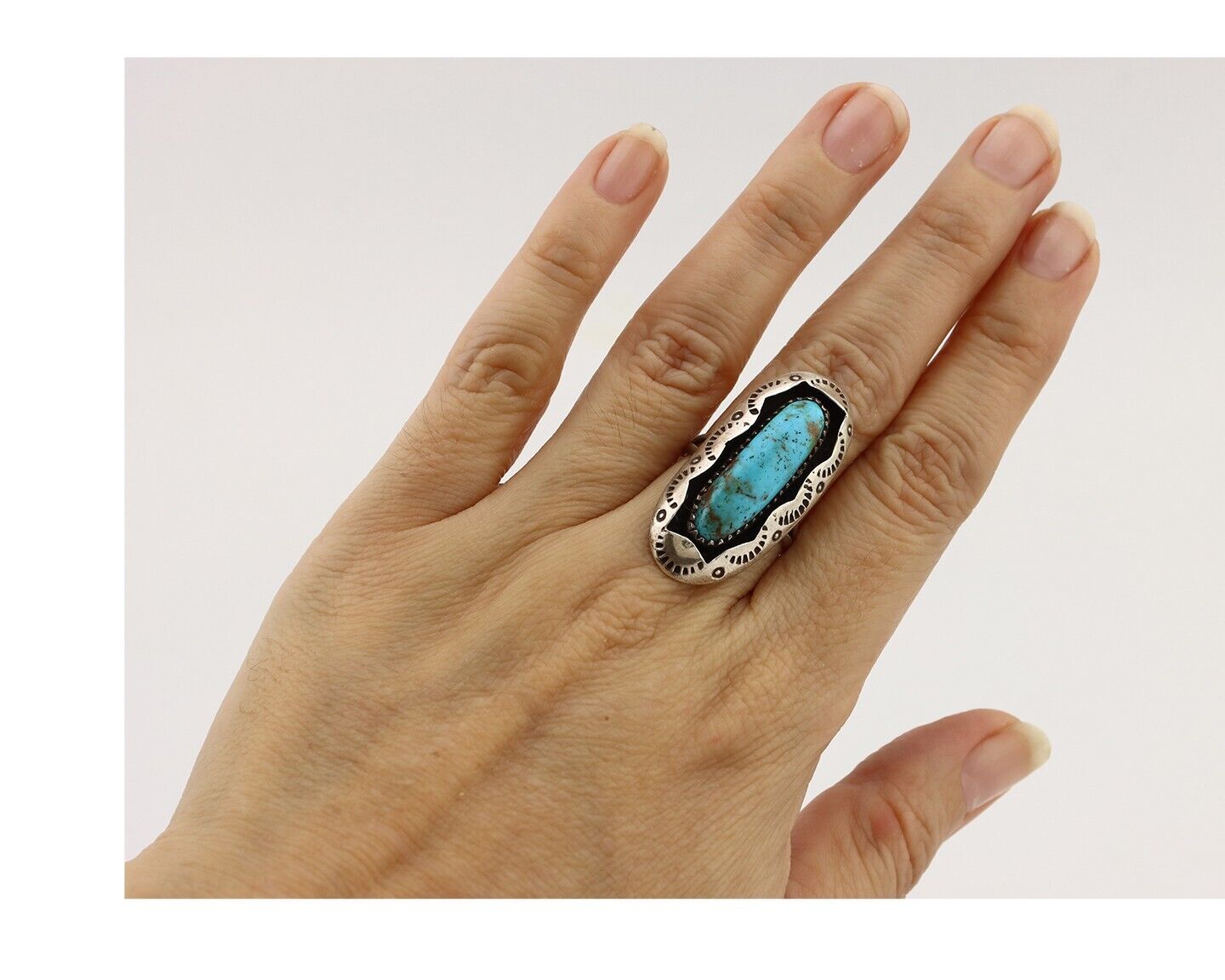 Navajo Ring 925 Silver Natural Kingman Turquoise Native American Artist C.80's