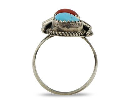 Navajo Ring 925 Silver Blue Turquiose & Coral Artist Signed Justin Morris C.80's