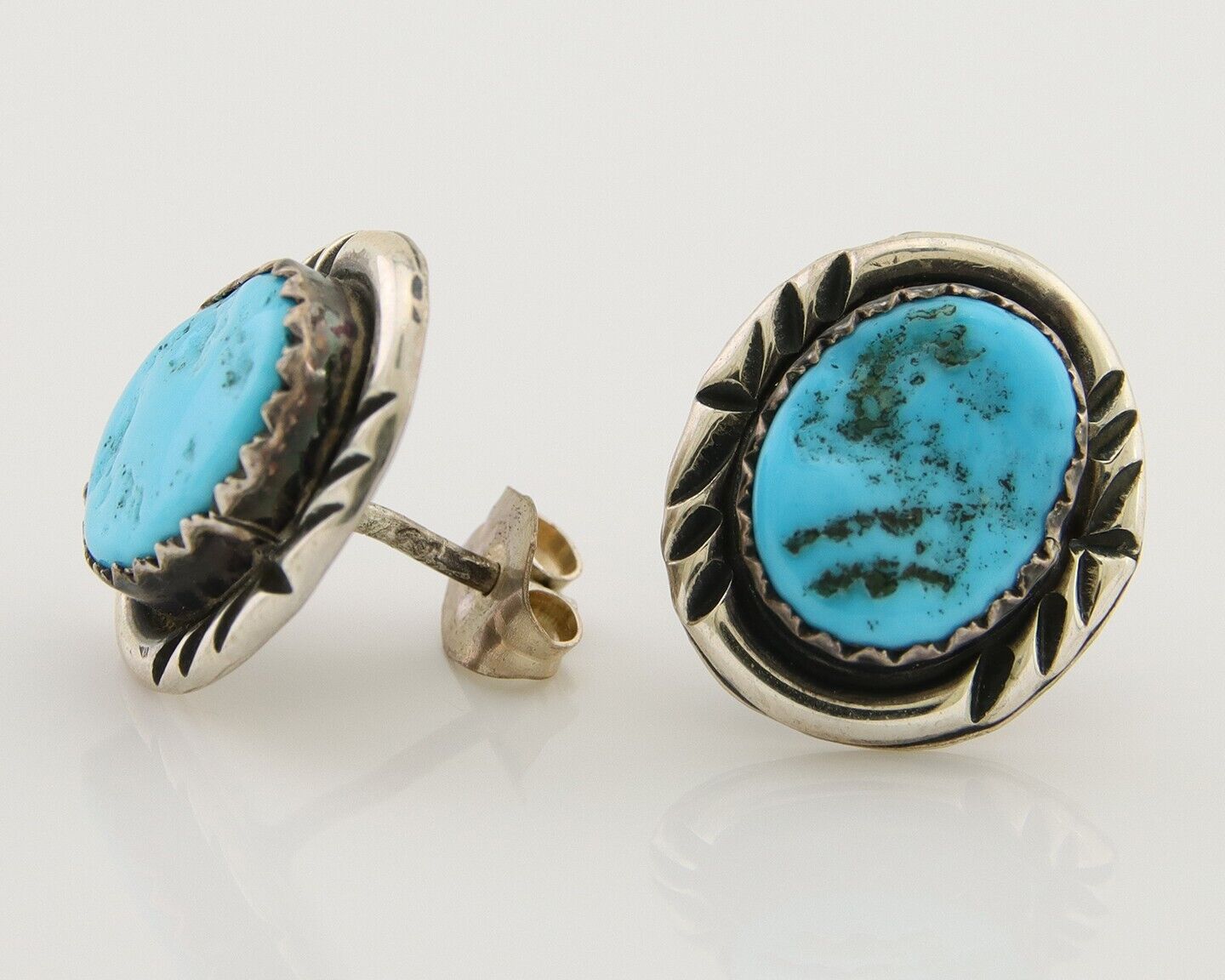 Navajo Hand Stamped Earrings 925 Silver Blue Turquoise Native Artist C.80's