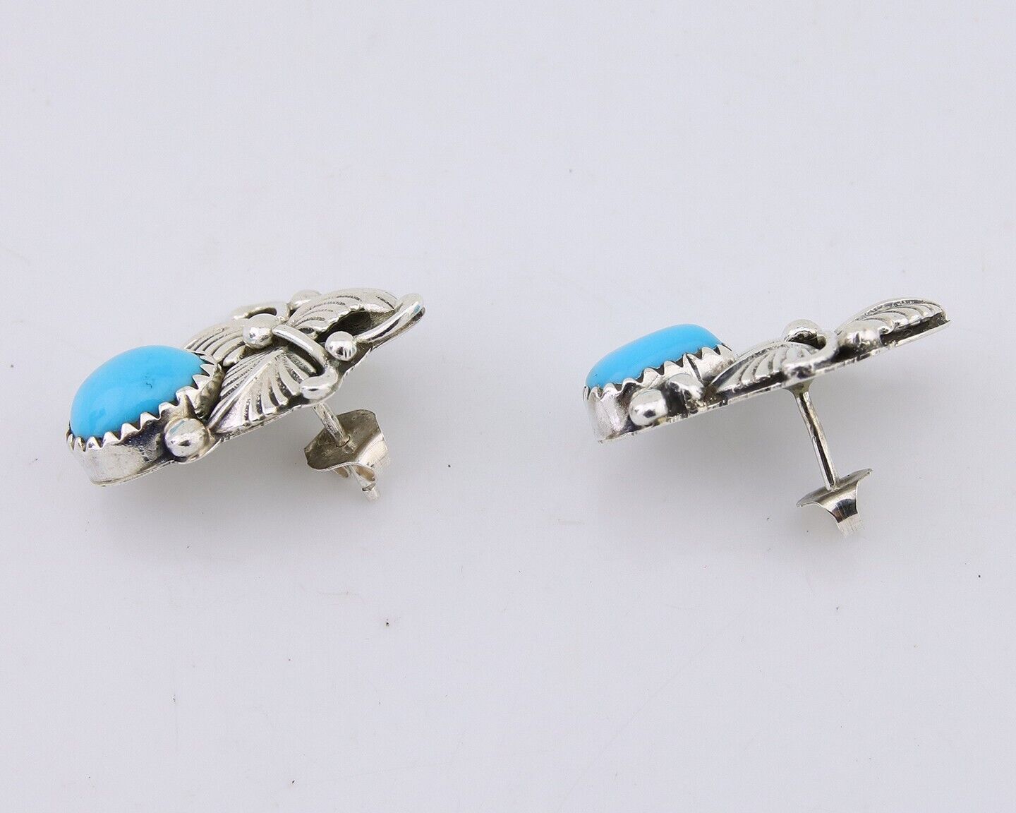 Navajo Earrings 925 Silver Natural Turquoise Artist Signed Roie Jaque C.80's