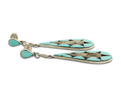Zuni Dangle Earrings 925 Silver Natural Turquoise Artist Signed EJP C.80's