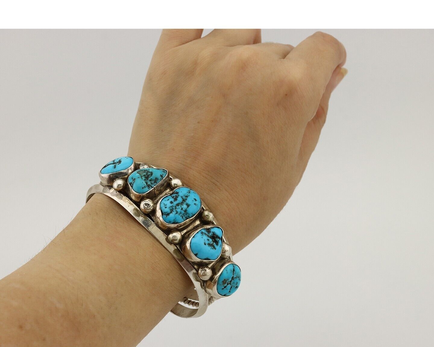 Navajo Bracelet 925 Silver Nugget Sleeping Beauty Turquoise Artist Signed JR C80