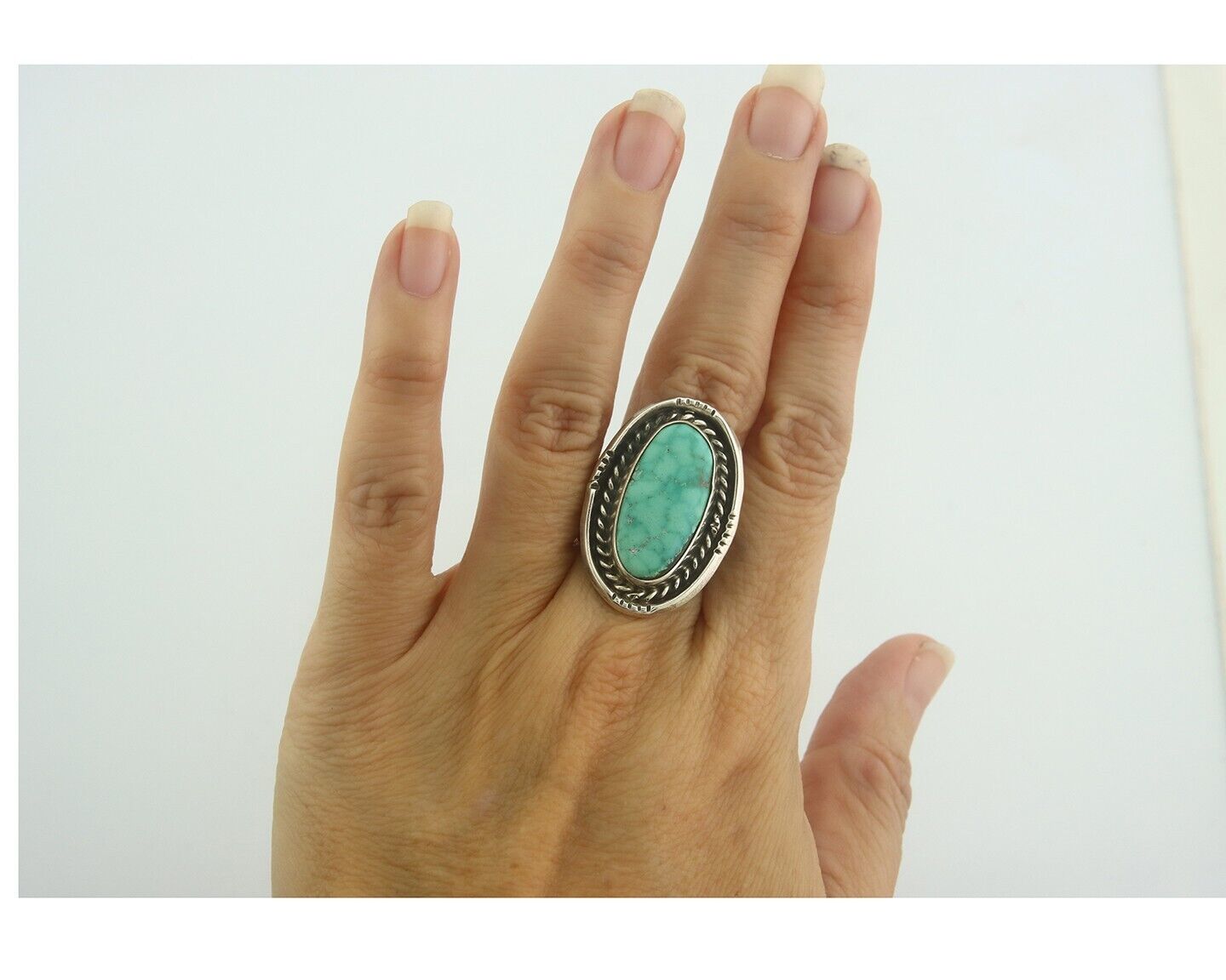Navajo Ring 925 Sterling Turquoise Handmade Signed JT C.80's Size 7