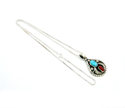 Navajo Necklace 925 Sterling Silver Natural Turquoise & Coral Signed Teepee